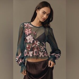 NWT By Anthropologie Embroidered Embroidered Mesh Blouse
